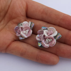 Pink & White Floral Cluster Stud Earrings