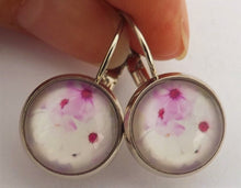 Load image into Gallery viewer, Pink &amp; White Flowers - Dome Earrings on Lever Back Hooks
