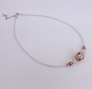 Pink & White Handmade Glass Floral Lamp Work Bead Necklace