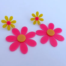 Load image into Gallery viewer, Pink &amp; Yellow Large Acrylic Daisy Drop Earrings
