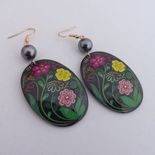 Load image into Gallery viewer, Pink, Yellow &amp; Green Flowers on Black Large Oval Acrylic &amp; Bead Drop Earrings
