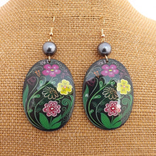 Load image into Gallery viewer, Pink, Yellow &amp; Green Flowers on Black Large Oval Acrylic &amp; Bead Drop Earrings
