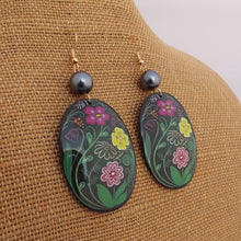 Load image into Gallery viewer, Pink, Yellow &amp; Green Flowers on Black Large Oval Acrylic &amp; Bead Drop Earrings
