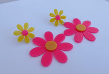 Load image into Gallery viewer, Pink &amp; Yellow Large Acrylic Daisy Drop Earrings
