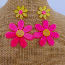 Load image into Gallery viewer, Pink &amp; Yellow Large Acrylic Daisy Drop Earrings
