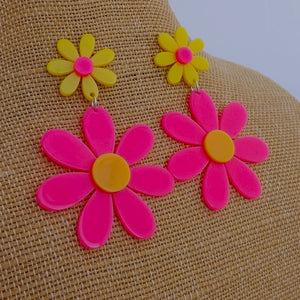 Pink & Yellow Large Acrylic Daisy Drop Earrings