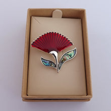 Load image into Gallery viewer, Pohutukawa Flower Brooch with Paua Leaves
