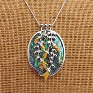 Kowhai over Paua Oval Pendant Necklace