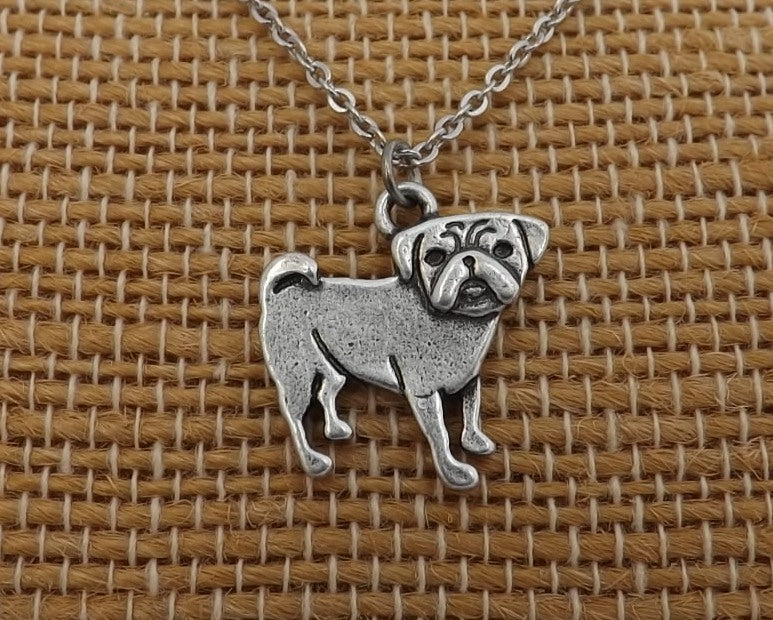 Pug Silver Tone Dog Pendant Necklace