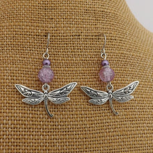 Load image into Gallery viewer, Purple Bead &amp; Silver Tone Dragonfly Drop Earrings
