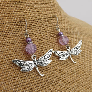 Purple Bead & Silver Tone Dragonfly Drop Earrings