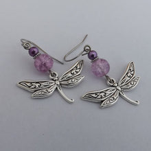 Load image into Gallery viewer, Purple Bead &amp; Silver Tone Dragonfly Drop Earrings
