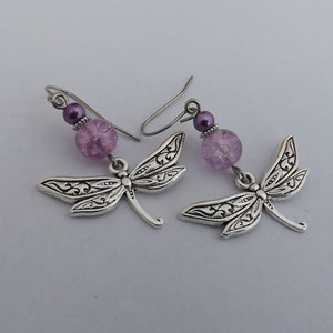 Purple Bead & Silver Tone Dragonfly Drop Earrings