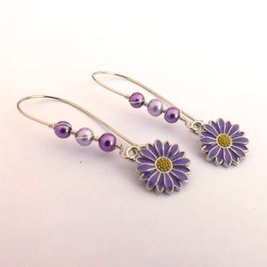 Purple Daisy Handmade Bead & Charm Drop Earrings on Long Kidney Hooks