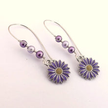 Load image into Gallery viewer, Purple Daisy Handmade Bead &amp; Charm Drop Earrings on Long Kidney Hooks
