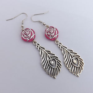 Purple Floral Bead & Silver Tone Feather Handmade Earrings
