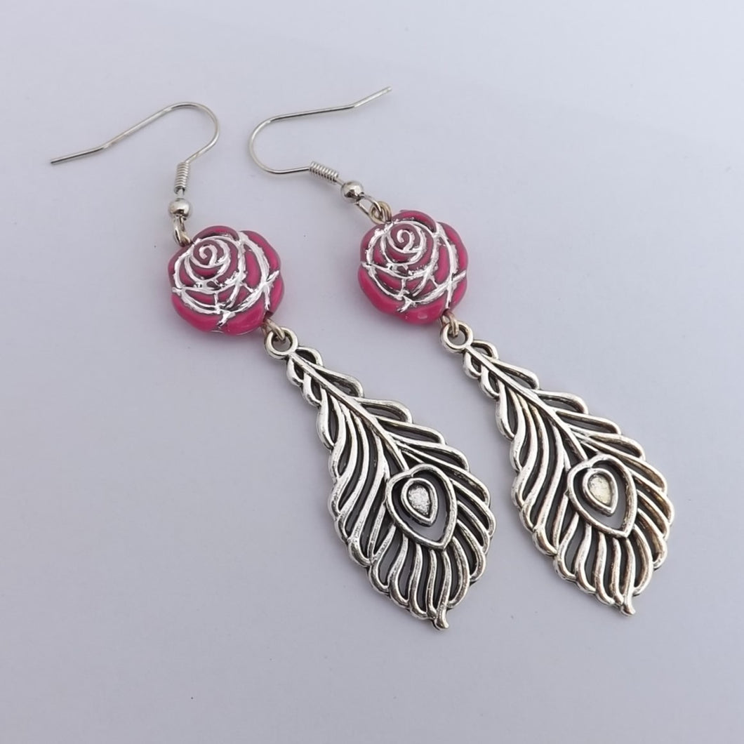 Purple Floral Bead & Silver Tone Feather Handmade Earrings