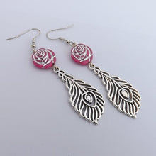 Load image into Gallery viewer, Purple Floral Bead &amp; Silver Tone Feather Handmade Earrings
