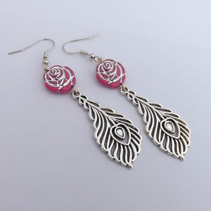 Purple Floral Bead & Silver Tone Feather Handmade Earrings