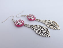 Load image into Gallery viewer, Purple Floral Bead &amp; Silver Tone Feather Handmade Earrings
