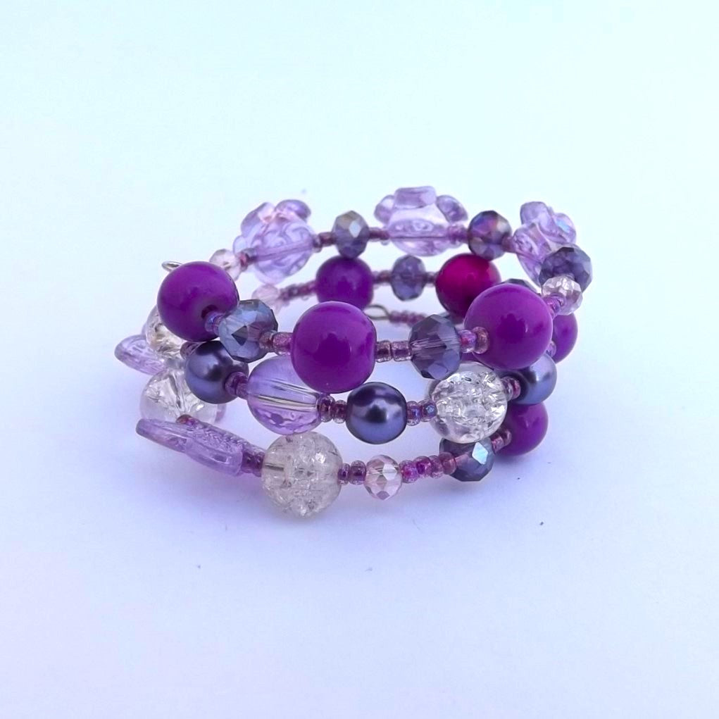 Purple Floral Butterfly Small Handmade Memory Wire Bead Bracelet