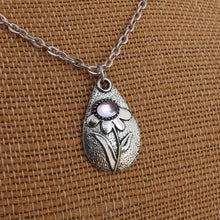 Load image into Gallery viewer, Purple Flower, Silver Tone Teardrop Pendant Necklace
