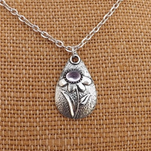 Load image into Gallery viewer, Purple Flower, Silver Tone Teardrop Pendant Necklace
