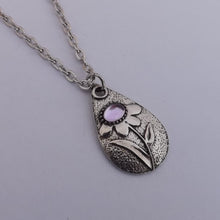Load image into Gallery viewer, Purple Flower, Silver Tone Teardrop Pendant Necklace
