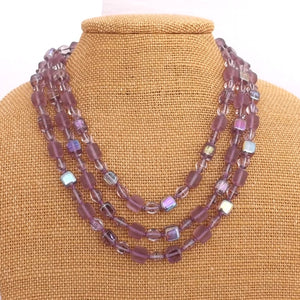 Purple AB Lustre Triple Strand Handmade Glass Bead Necklace