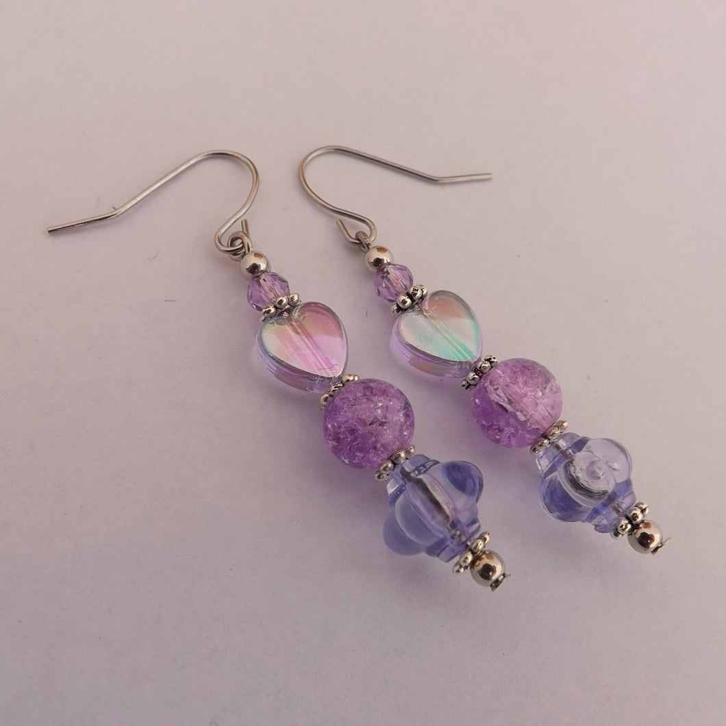 Purple Acrylic & Glass Heart Handmade Bead Earrings