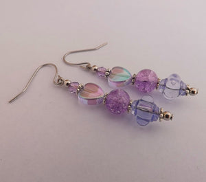 Purple Acrylic & Glass Heart Handmade Bead Earrings