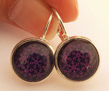 Load image into Gallery viewer, Purple &amp; Black Pattern Dome Earrings on Lever Back Hooks
