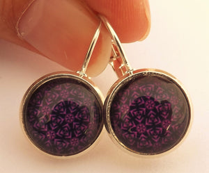 Purple & Black Pattern Dome Earrings on Lever Back Hooks