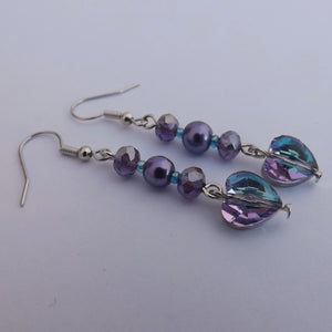 Purple & Blue Faceted Heart & Beads Handmade Drop Earrings