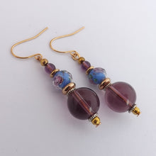 Load image into Gallery viewer, Purple, Blue &amp; Gold Handmade Glass Bead Earrings
