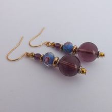 Load image into Gallery viewer, Purple, Blue &amp; Gold Handmade Glass Bead Earrings
