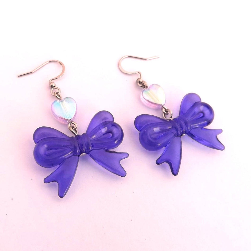 Purple Bow & Heart Acrylic Drop Earrings