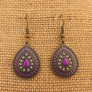 Purple & Bronze Tone Dotted Drop Earrings