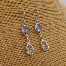 Load image into Gallery viewer, Purple &amp; Clear, Silver Tone Drop Earrings
