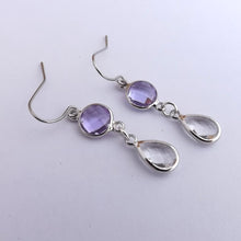 Load image into Gallery viewer, Purple &amp; Clear, Silver Tone Drop Earrings
