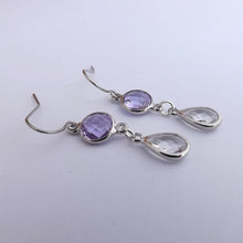 Load image into Gallery viewer, Purple &amp; Clear, Silver Tone Drop Earrings
