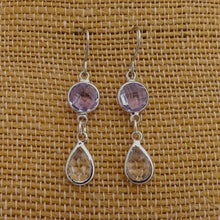 Load image into Gallery viewer, Purple &amp; Clear, Silver Tone Drop Earrings
