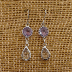 Purple & Clear, Silver Tone Drop Earrings