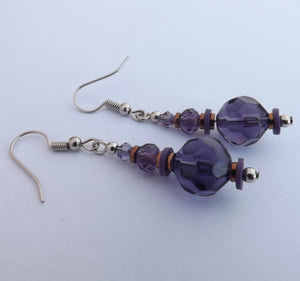 Purple & Copper Tone Handmade Glass Bead Earrings (Made in NZ)