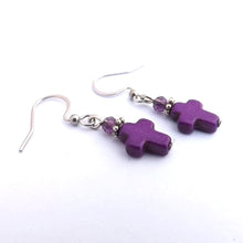 Load image into Gallery viewer, Purple Cross Handmade Bead Earrings
