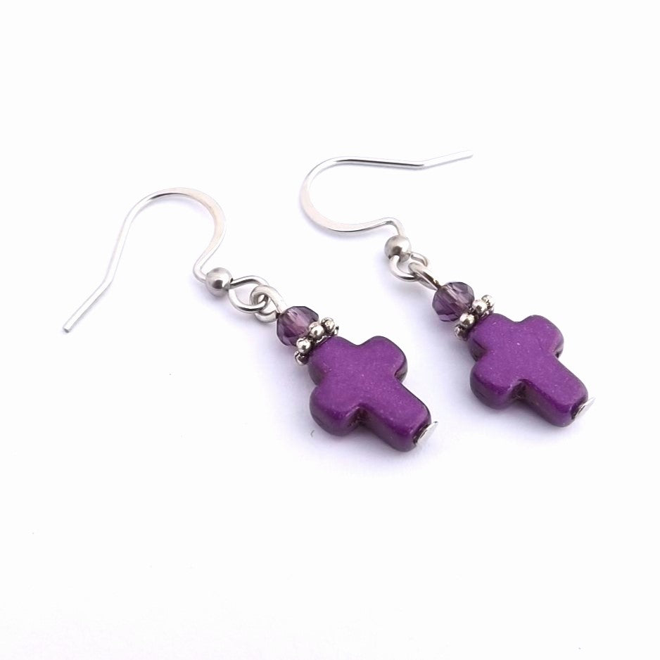 Purple Cross Handmade Bead Earrings