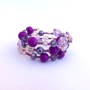 Purple Floral Butterfly Small Handmade Memory Wire Bead Bracelet
