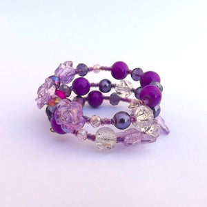 Purple Floral Butterfly Small Handmade Memory Wire Bead Bracelet