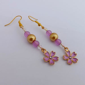 Purple & Gold Flower Handmade Bead Earrings