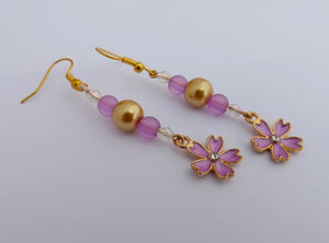 Purple & Gold Flower Handmade Bead Earrings